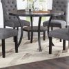 Modern Classic Dining Room Furniture Natural Wood Round Dining Table 4x Side Chairs Charcoal Fabric Tufted Roll Back Top Chair Storage Shelve 5pc Dini
