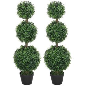 HOMCOM Set of 2 Artificial Ball Boxwood Topiary Trees, Fake Plants in Pot for Indoor Outdoor Living Room Green (Title: Default Title)